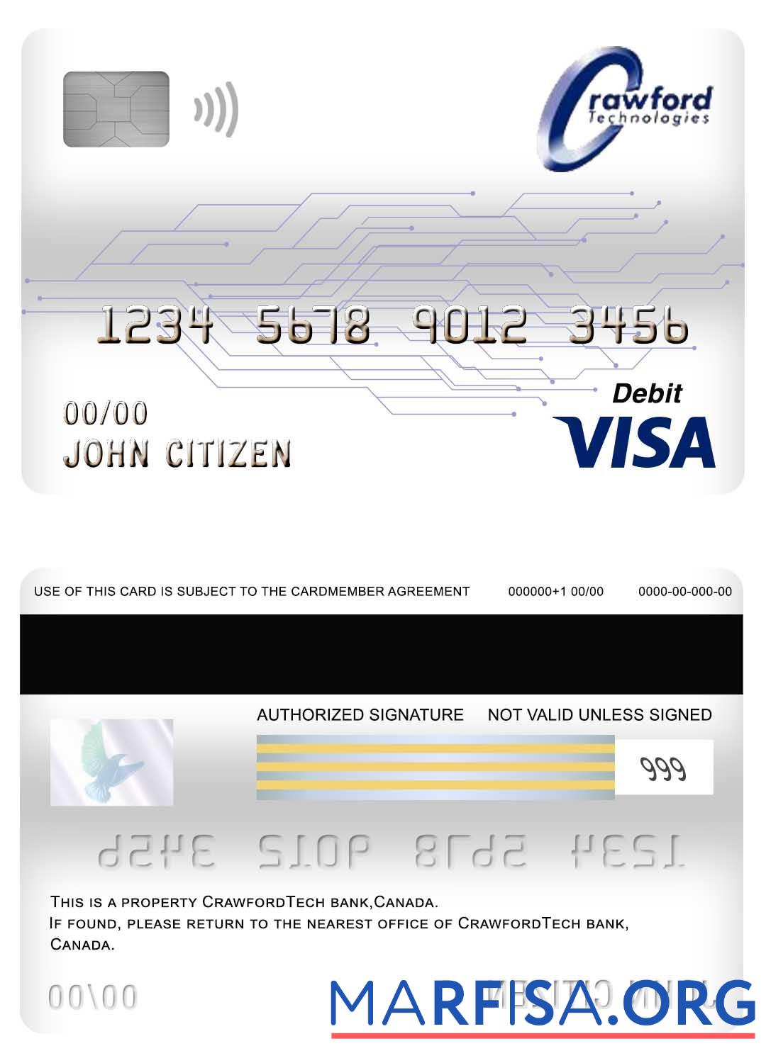 Realistic Canada Crawfordtech bank visa debit card example
